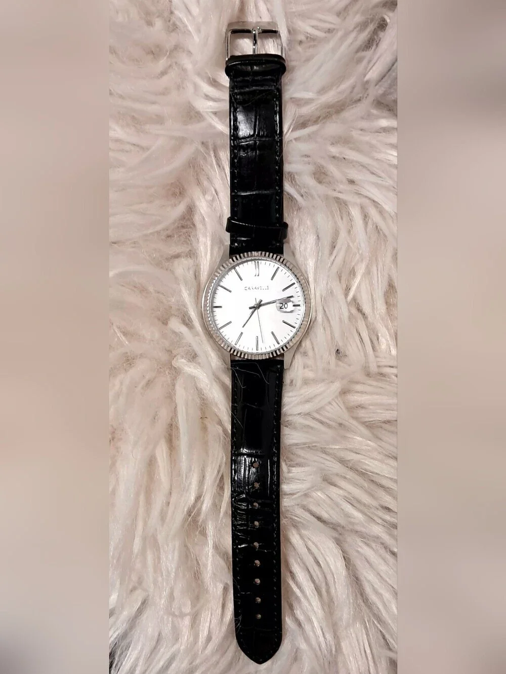 Caravelle By Bulova Silver Dial Watch with Black Leather Strap